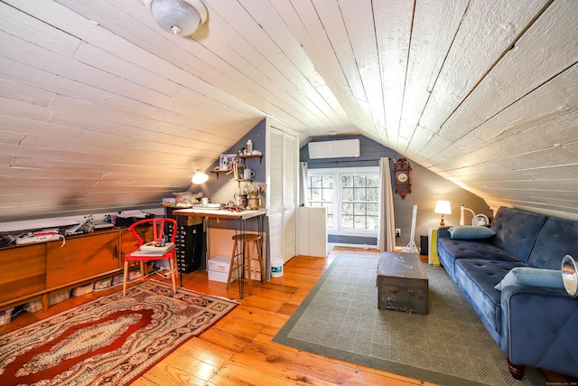 270 Berkshire Rd, Newtown, CT 06482 - interior space featuring hardwood / wood-style floors, wooden ceiling, an AC wall unit, and lofted ceiling