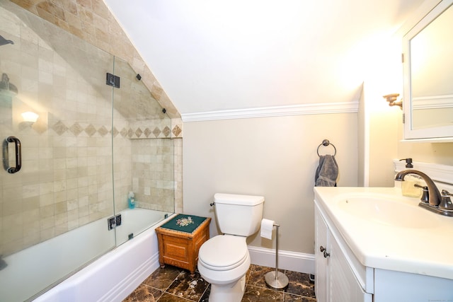 270 Berkshire Rd, Newtown, CT 06482 - full bathroom featuring baseboards, bath / shower combo with glass door, toilet, vanity, and vaulted ceiling