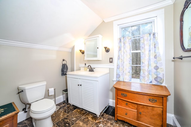 270 Berkshire Rd, Newtown, CT 06482 - bathroom featuring toilet, vanity, baseboards, and vaulted ceiling