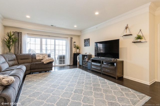1026 Country View Rd Unit 1026, Danbury, CT 06810 - living area featuring dark wood-style flooring, visible vents, ornamental molding, and recessed lighting