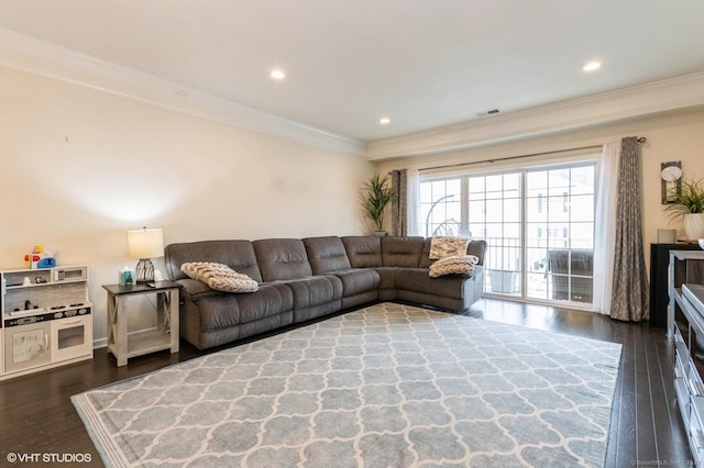 1026 Country View Rd Unit 1026, Danbury, CT 06810 - living room featuring crown molding, recessed lighting, visible vents, and dark wood-style floors