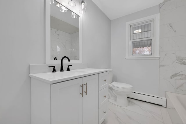 full bathroom with vanity, toilet, marble finish floor, walk in shower, and a baseboard radiator