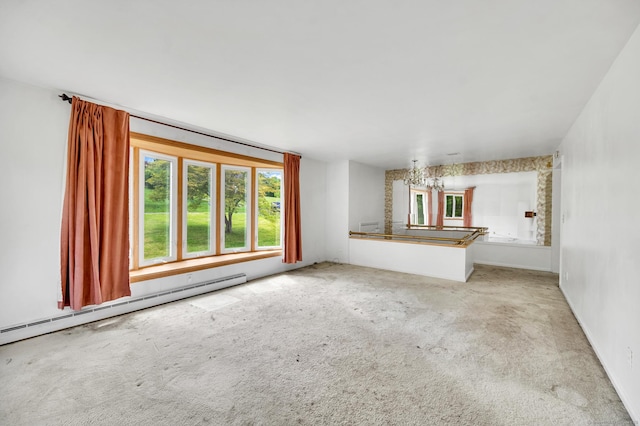 18 Hillcrest Dr, Somers, CT 06071 - unfurnished living room featuring baseboard heating, carpet flooring, and a chandelier