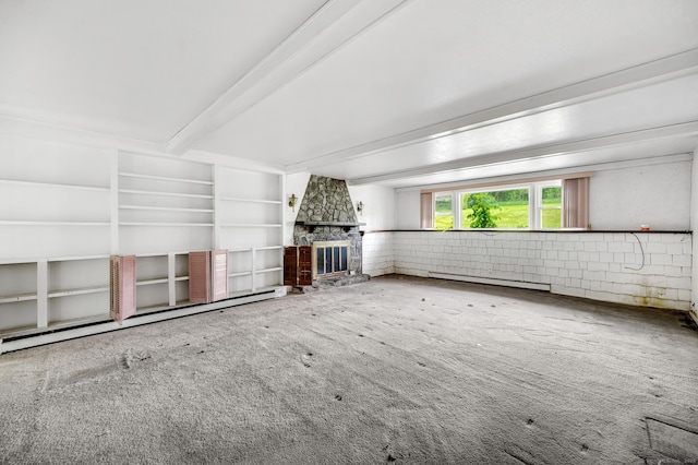 18 Hillcrest Dr, Somers, CT 06071 - unfurnished living room with baseboard heating, carpet flooring, beamed ceiling, a fireplace, and built in features