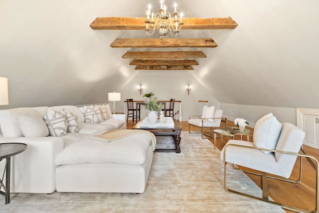 living room with vaulted ceiling with beams and a chandelier