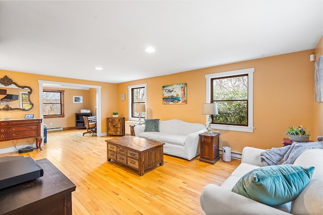 20 Sunrise Trl, East Lyme, CT 06333 - living room with light wood-style floors, healthy amount of natural light, baseboard heating, and recessed lighting