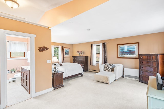 20 Sunrise Trl, East Lyme, CT 06333 - bedroom featuring baseboard heating, ensuite bath, baseboards, light carpet, and a baseboard radiator