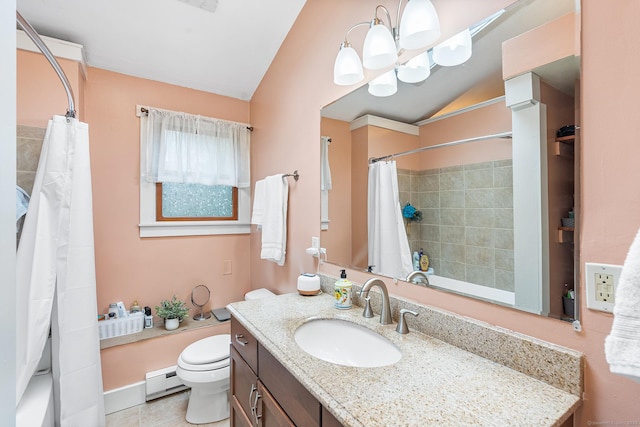 20 Sunrise Trl, East Lyme, CT 06333 - bathroom featuring vaulted ceiling, vanity, a baseboard radiator, toilet, and curtained shower