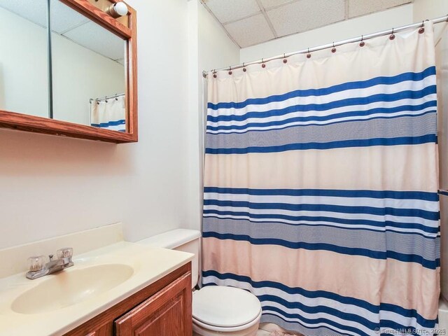 17-19 Fenwick St, Hartford, CT 06114 - full bath featuring a drop ceiling, toilet, vanity, and a shower with shower curtain
