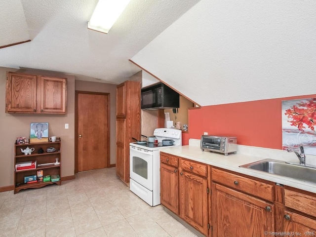 17-19 Fenwick St, Hartford, CT 06114 - kitchen with black microwave, white electric range, a sink, brown cabinets, and vaulted ceiling