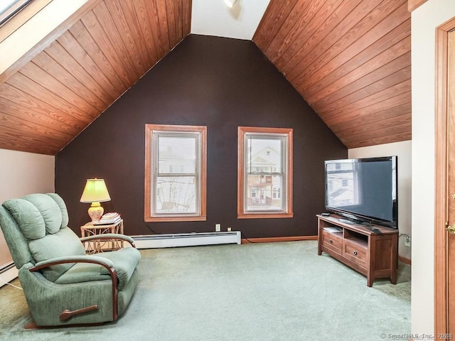 17-19 Fenwick St, Hartford, CT 06114 - living area featuring a baseboard radiator, carpet flooring, lofted ceiling, and wooden ceiling