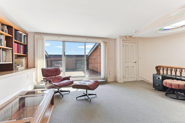 sitting room featuring carpet flooring and baseboards