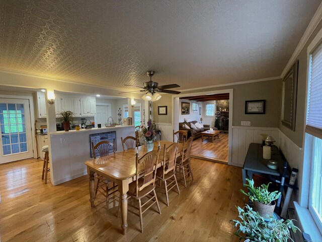 dining area featuring crown molding, a wainscoted wall, ceiling fan, and light wood-type flooring