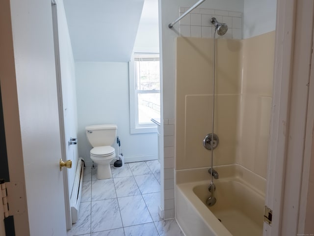 full bathroom featuring baseboards, shower / bathing tub combination, toilet, and marble finish floor