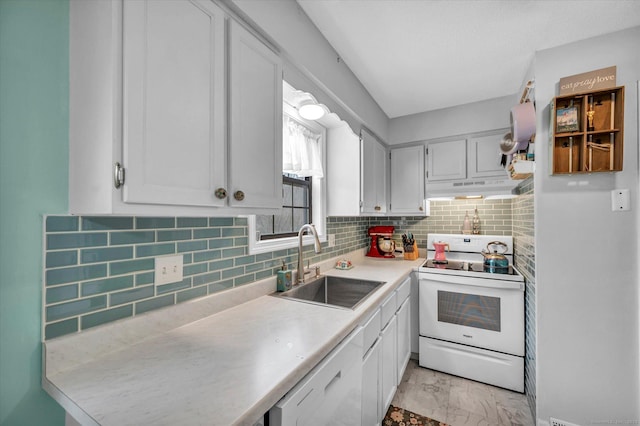 kitchen featuring white appliances, under cabinet range hood, backsplash, marble finish floor, and a sink