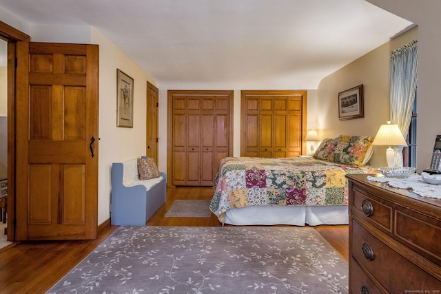 bedroom featuring two closets and wood finished floors