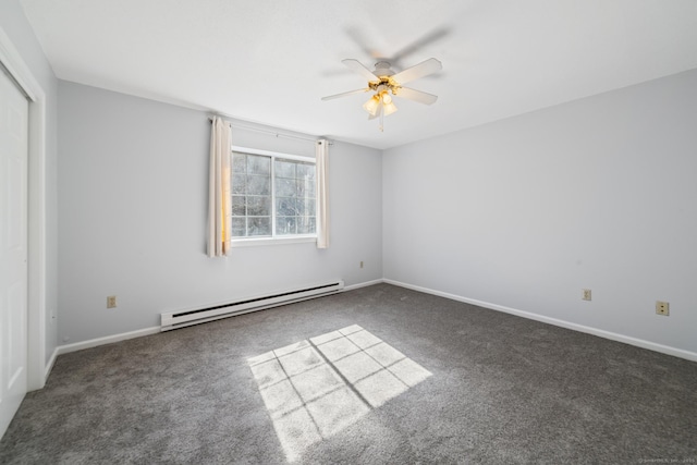 unfurnished room featuring baseboards, a ceiling fan, carpet flooring, and a baseboard heating unit
