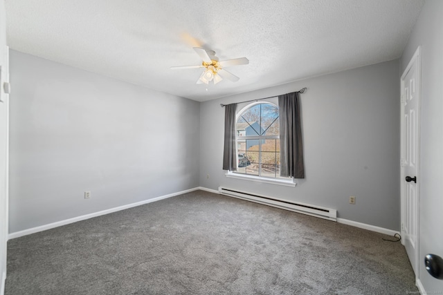 carpeted empty room featuring a textured ceiling, a baseboard heating unit, baseboards, and a ceiling fan