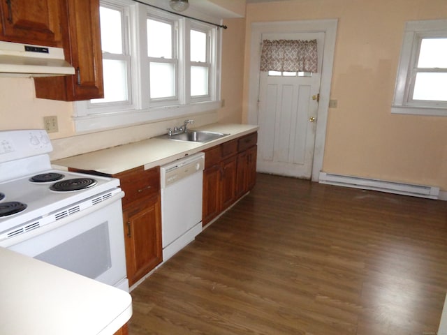 426 Courtland Ave Apt 1, Stamford, CT 06906 - kitchen featuring white appliances, under cabinet range hood, a sink, a baseboard heating unit, and dark wood finished floors