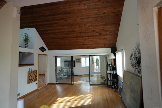 953 Rainbow Trl, Orange, CT 06477 - unfurnished living room featuring baseboard heating, high vaulted ceiling, wood finished floors, and wood ceiling