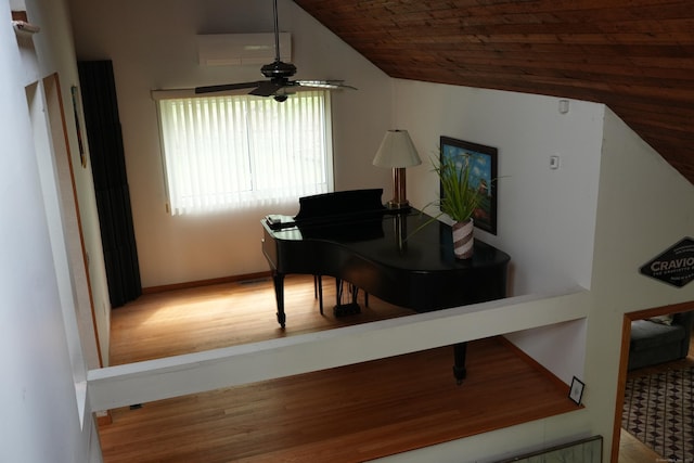 953 Rainbow Trl, Orange, CT 06477 - home office featuring wood finished floors, a ceiling fan, lofted ceiling, baseboards, and wooden ceiling