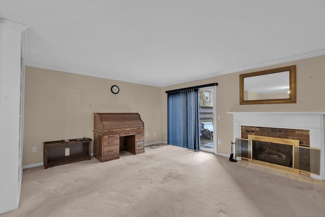 unfurnished living room with carpet flooring, ornamental molding, and a brick fireplace