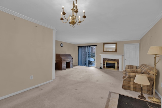 living room with baseboards, an inviting chandelier, ornamental molding, a fireplace, and carpet floors