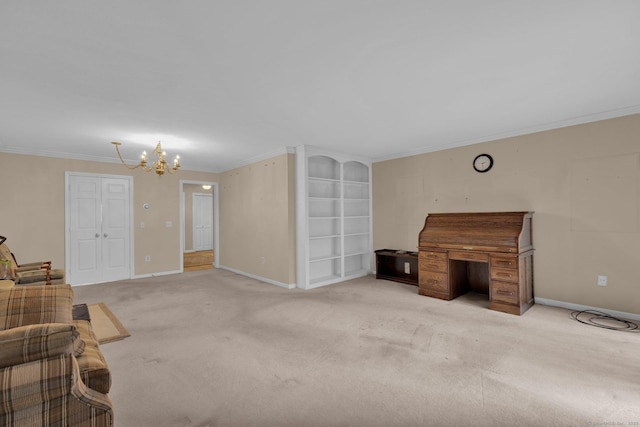 living room with light colored carpet, an inviting chandelier, baseboards, and ornamental molding