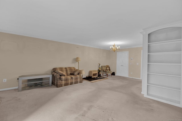 unfurnished room featuring crown molding, carpet floors, baseboards, and an inviting chandelier