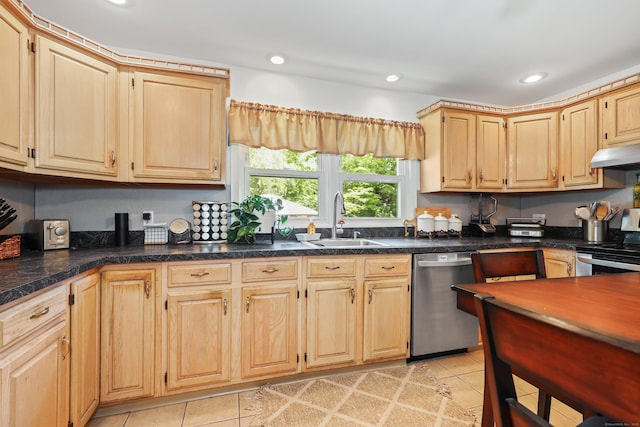 17 Straitsville Rd, Prospect, CT 06712 - kitchen with appliances with stainless steel finishes, a sink, under cabinet range hood, light tile patterned floors, and recessed lighting
