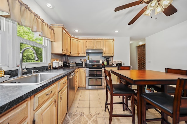 17 Straitsville Rd, Prospect, CT 06712 - kitchen with appliances with stainless steel finishes, under cabinet range hood, a sink, light brown cabinetry, and dark countertops