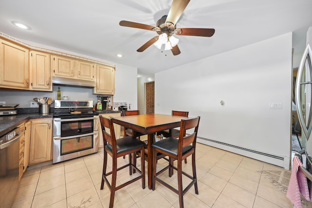 17 Straitsville Rd, Prospect, CT 06712 - kitchen with stainless steel appliances, a baseboard heating unit, dark countertops, under cabinet range hood, and ceiling fan
