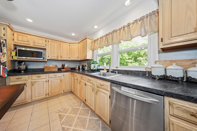 17 Straitsville Rd, Prospect, CT 06712 - kitchen with stainless steel appliances, a sink, light tile patterned flooring, recessed lighting, and light brown cabinetry