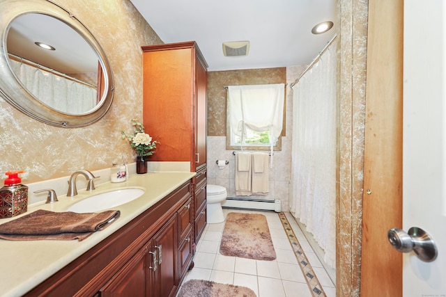 17 Straitsville Rd, Prospect, CT 06712 - full bath with a baseboard radiator, tile patterned flooring, vanity, toilet, and wallpapered walls