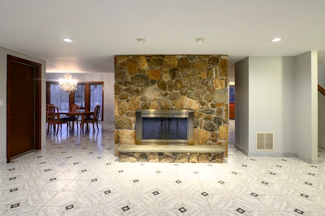 41 Seeley Rd, Trumbull, CT 06611 - living room featuring a chandelier, a stone fireplace, and recessed lighting