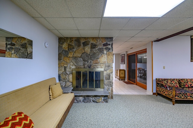 41 Seeley Rd, Trumbull, CT 06611 - carpeted living room with a drop ceiling and a stone fireplace