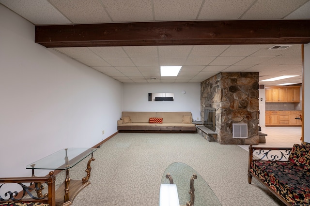 41 Seeley Rd, Trumbull, CT 06611 - sitting room featuring a drop ceiling, a fireplace, and carpet