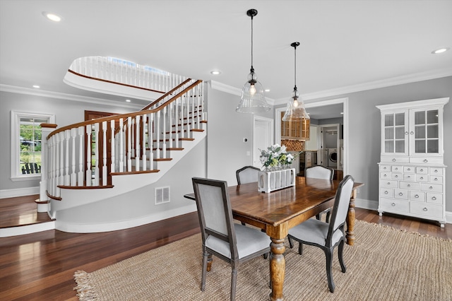 65 Joes Hill Rd, Danbury, CT 06811 - dining room with separate washer and dryer, stairs, wood finished floors, recessed lighting, and ornamental molding