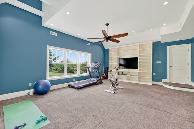 65 Joes Hill Rd, Danbury, CT 06811 - exercise area with a ceiling fan, recessed lighting, carpet floors, and built in shelves