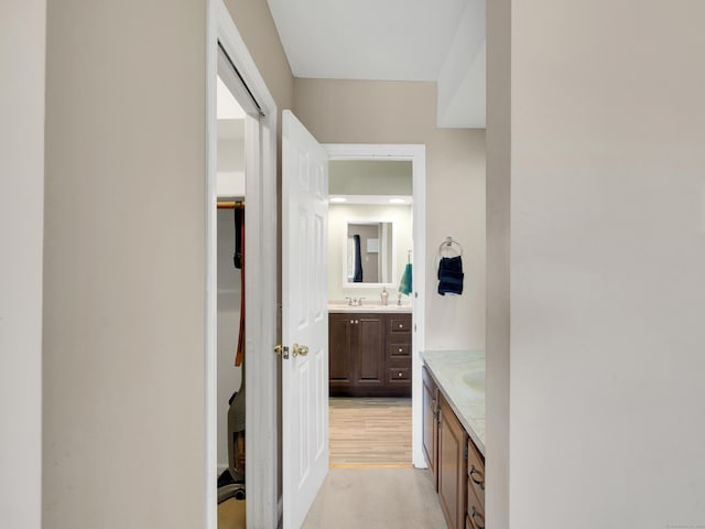 bathroom with wood finished floors and vanity