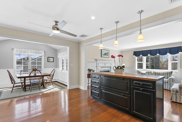 kitchen with wood finished floors, wainscoting, wood counters, dark cabinets, and visible vents
