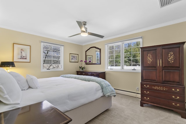 bedroom featuring a baseboard radiator, light colored carpet, baseboards, ornamental molding, and visible vents
