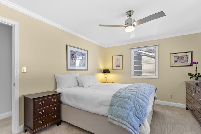 bedroom with light carpet, baseboards, ceiling fan, and crown molding