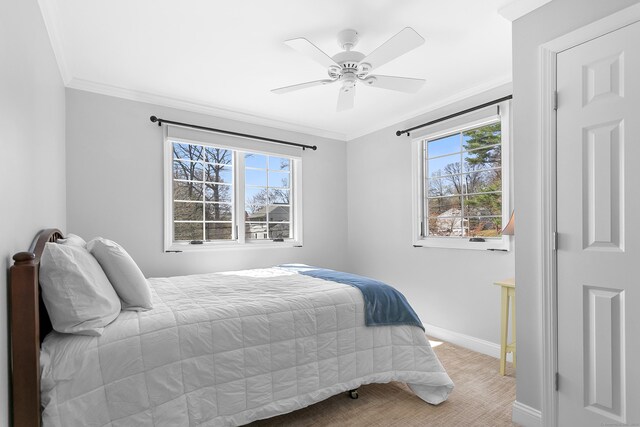 bedroom with baseboards, ornamental molding, and multiple windows