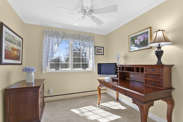 office area featuring a baseboard heating unit, ceiling fan, baseboards, ornamental molding, and carpet flooring