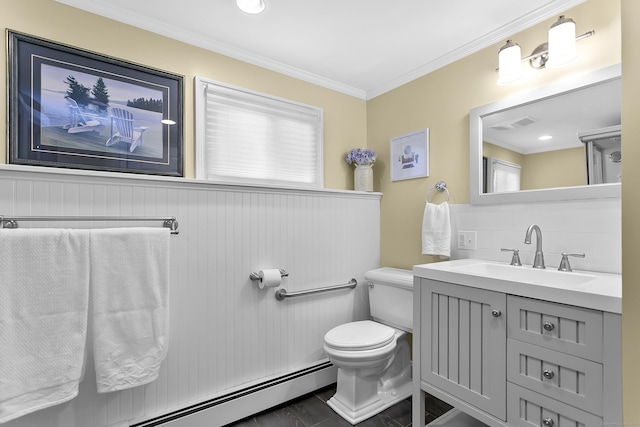 bathroom with toilet, vanity, ornamental molding, decorative backsplash, and baseboard heating