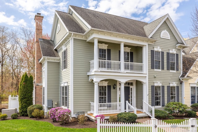 neoclassical home with a porch, a fenced front yard, a balcony, a gate, and a chimney
