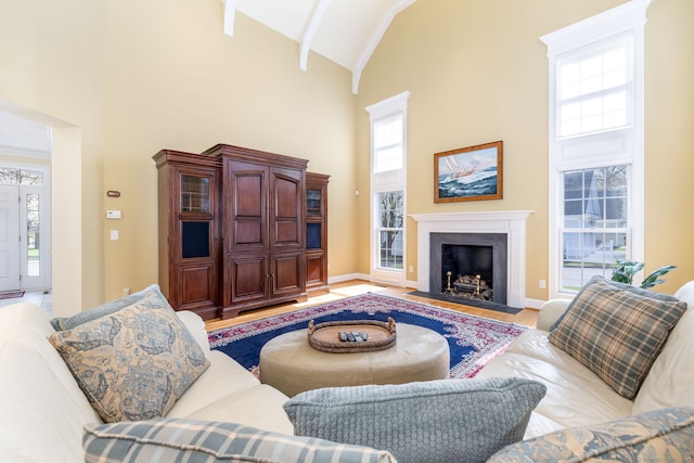 2 Pennington Dr Unit 2, Simsbury, CT 06070 - living room with high vaulted ceiling, wood finished floors, baseboards, and a premium fireplace