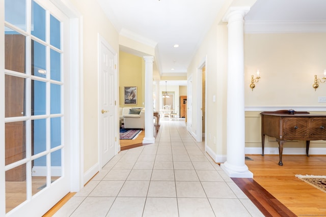 2 Pennington Dr Unit 2, Simsbury, CT 06070 - corridor with decorative columns, ornamental molding, light tile patterned flooring, and baseboards