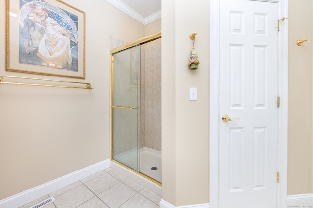 2 Pennington Dr Unit 2, Simsbury, CT 06070 - bathroom with baseboards, a shower stall, ornamental molding, and tile patterned flooring